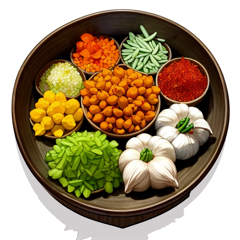 (masterpiece)), ((best quality:1.2)), ((watercolor)), ((vibrant color))), ((minimalist)), surrounded with ((negative space)), ((solid white background)), a wooden tray full of a lot of spices in many different type of container and small jar, cooking spices, turmeric, galangal, red chilies, green chilies, shallots, coriander, lemongrass, cloves, tamarind, garlic, whole grains, green beans, ginger, salt,,((no Clipping)), ((no shadow clipping)), ((no object clipping)), (((solid white background))), very subtle shadow, (perspective view),