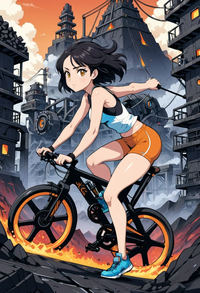 a girl rides a bicycle, in running shorts, short shorts, A complex machinery structure in a volcanic city