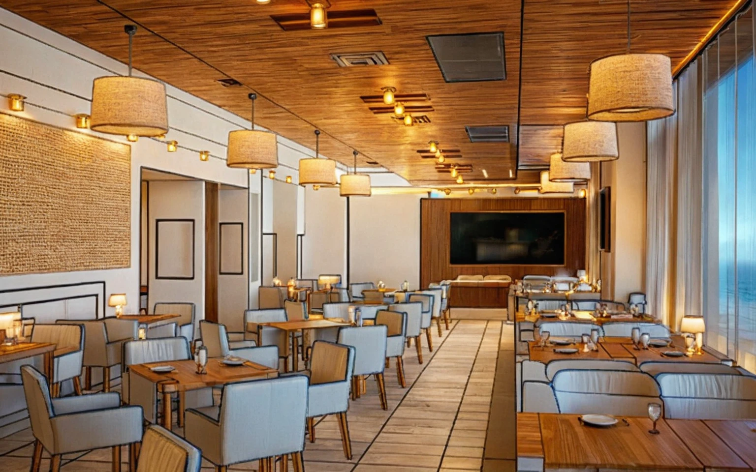"Restaurant, Mediterranean style, wooden furniture, contemporary hanging lights, beautiful lighting, sunset ambiance."