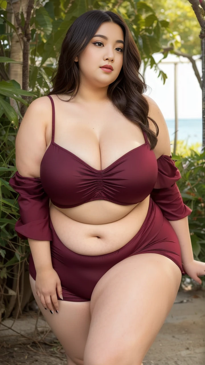 ((best quality)), ((masterpiece)), (detailed), perfect face, araffeTight skirtsShort , thicc, wavy short hair, she has a jiggly fat round belly, bbwchan, wearing tight simple clothes, skinny waist and thick hips, widest hips, her belly is fat and round, soft curvy shape, hyperrealistic full figure, wearing a cute top, wide hips, Blue swimsuit,On the beach by the seaBlue