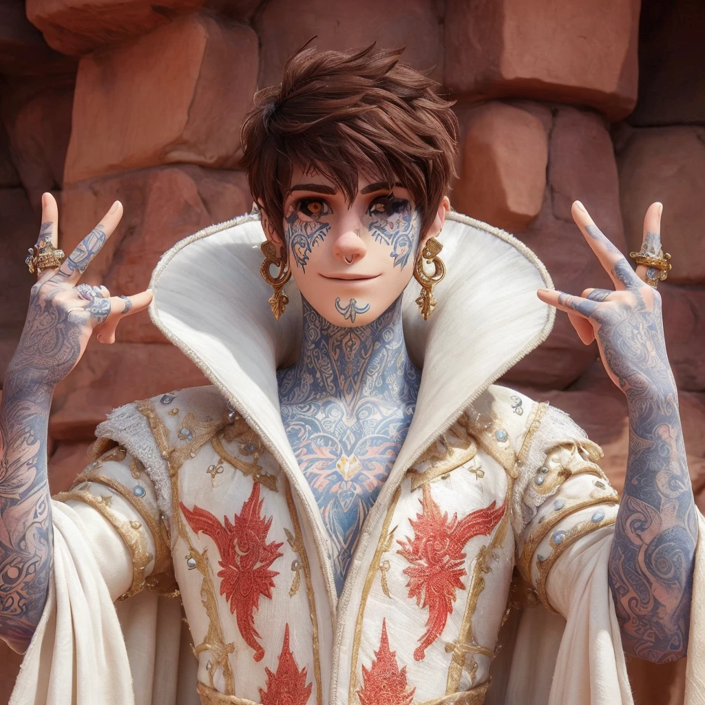 sorcièr tatouer et avec des percings avec une tenue entièrement blanche avec de légers motif or et rouge avec les cheveux très courts brun et au yeux or et brun dans l'univers de disney