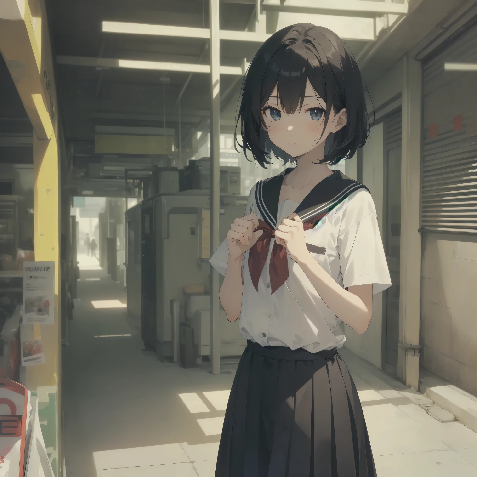 ultra-absurdres-Top quality by artist God, ultra-detailed, high resolution, anime moe artstyle, best anime 8k konachan wallpaper, pixiv contest winner, pool:2810, perfect anatomy,break, 1girl, (Please draw a girl walking sleepily to school alone. )break,(Solo,little female, 13-year-old:1.3),Full limbs, complete fingers,a junior high school student, (very short hair), short cut, flat chest, , small butt, small black eyes, beautiful detailed eyes, well-proportioned iris and pupils, expressive eyes, highres detailed hair, soft expression, salor school_uniform, sailor collar, serahuku, bow, pleated skirt,(Detailed Lighting), (Detailed background), in the School commute route. break,super detailed skin, Best cinematic lighting powered by famous artist, 8k,beauty illustration,photoshop_(medium),very aesthetic,break,((artist:toosaka_asagi )), artist:clamp ,artist:carnelian ,artist:kantoku ,