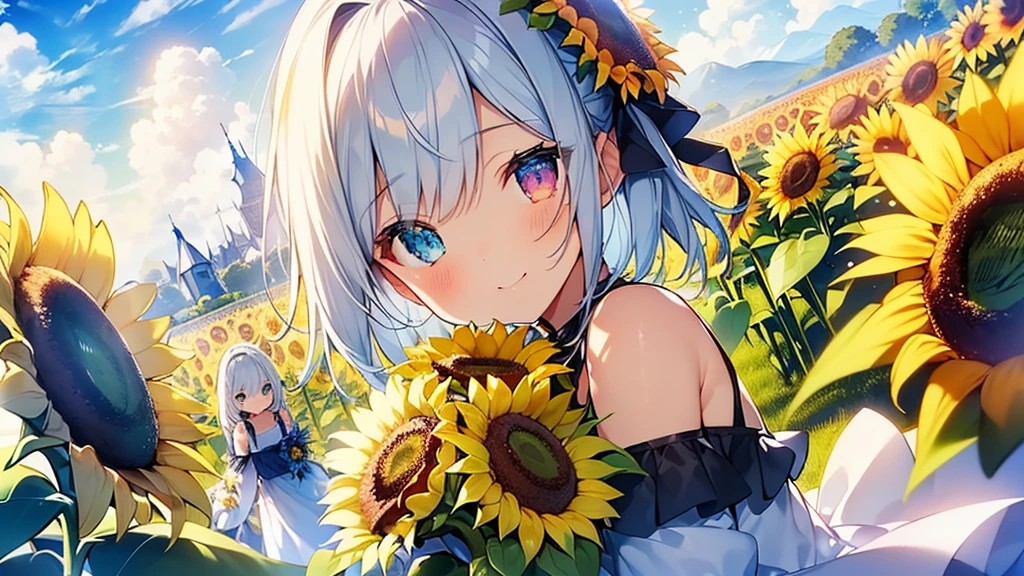 Best quality、Photorealistic、Ultra-detailed、delicate、Orderly、High Detail、Bluish Silver Short Bob、(Drooping heterochromia iris,glowing eyes、Sparkling Eyes:1.3)、slender、(One girl:1.2)、(sun、noon、A sky filled with cumulonimbus clouds、blue sky、Sunflower flower garden、Bursting light、Girl in a dynamic pose、Girl holding a bouquet of sunflowers、Dynamic Angle、Dutch Angle、Off the shoulder、Sundress:1.3)、Ambient Occlusion、Ambient Light、Ray-traced Reflections、Glow、Shiny Hair、Smiling Girl
