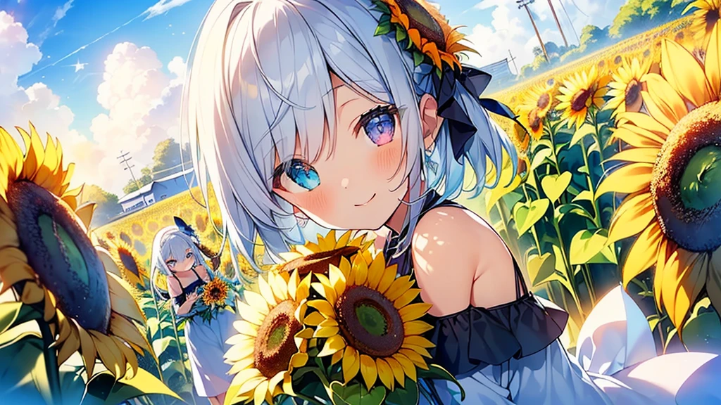 Best quality、Photorealistic、Ultra-detailed、delicate、Orderly、High Detail、Bluish Silver Short Bob、(Drooping heterochromia iris,glowing eyes、Sparkling Eyes:1.3)、slender、(One girl:1.2)、(sun、noon、A sky filled with cumulonimbus clouds、blue sky、Sunflower flower garden、Bursting light、Girl in a dynamic pose、Girl holding a bouquet of sunflowers、Dynamic Angle、Dutch Angle、Off the shoulder、Sundress:1.3)、Ambient Occlusion、Ambient Light、Ray-traced Reflections、Glow、Shiny Hair、Smiling Girl