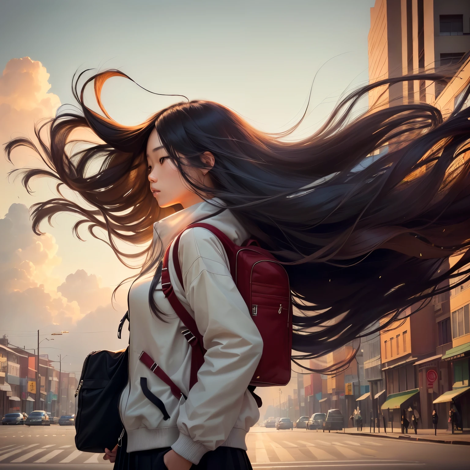 there is a woman walking on a street with a backpack, asian girl with long hair, hairs fly in the wind, long hair girl, hair fluttering in the wind, long hair blowing in the wind, girl with long hair, wind blowing hair, hair blowing the wind, long hair windy, hair floating in the wind, hair blowing in the wind