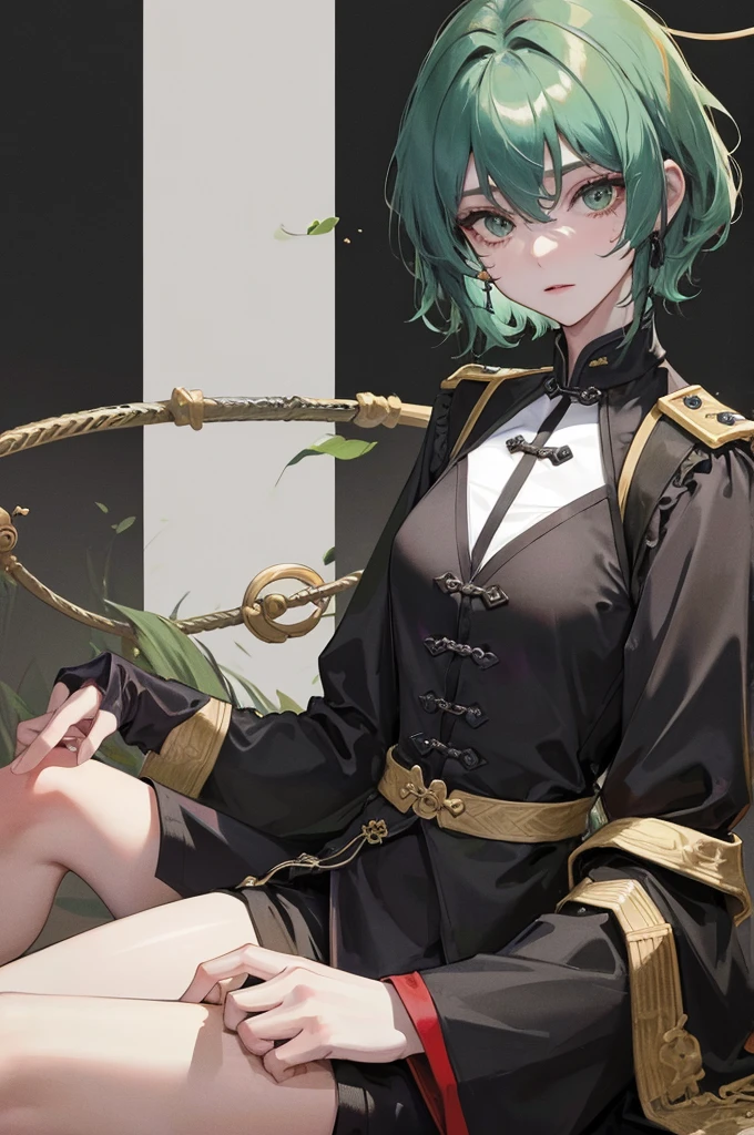 Masterpiece, Best quality, 1 Female, Mature Woman, Elder Sister, Royal Sister, Cold Face, strong, green eyes, wolfcut short hair, smoky color hair, resolute eyes, simple black Taoist Taoist uniform, black accessories, sarashi, one shoulderancient, Chinese mix morden, wear hair brooches, frontal photo, blank background, remove background