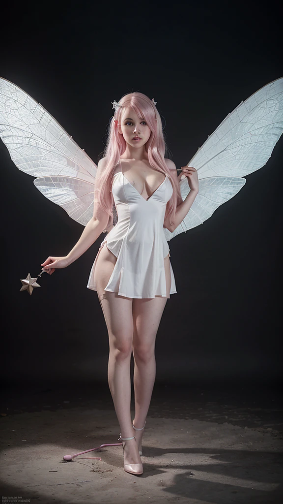 full body photo of a teen, she is a dwarf, fairy, she has wings, pale skin white as snow, pink hair, pointy ears, wears a little dress, cleavage, big , revealing open chest, wand, she is 3 foot small.