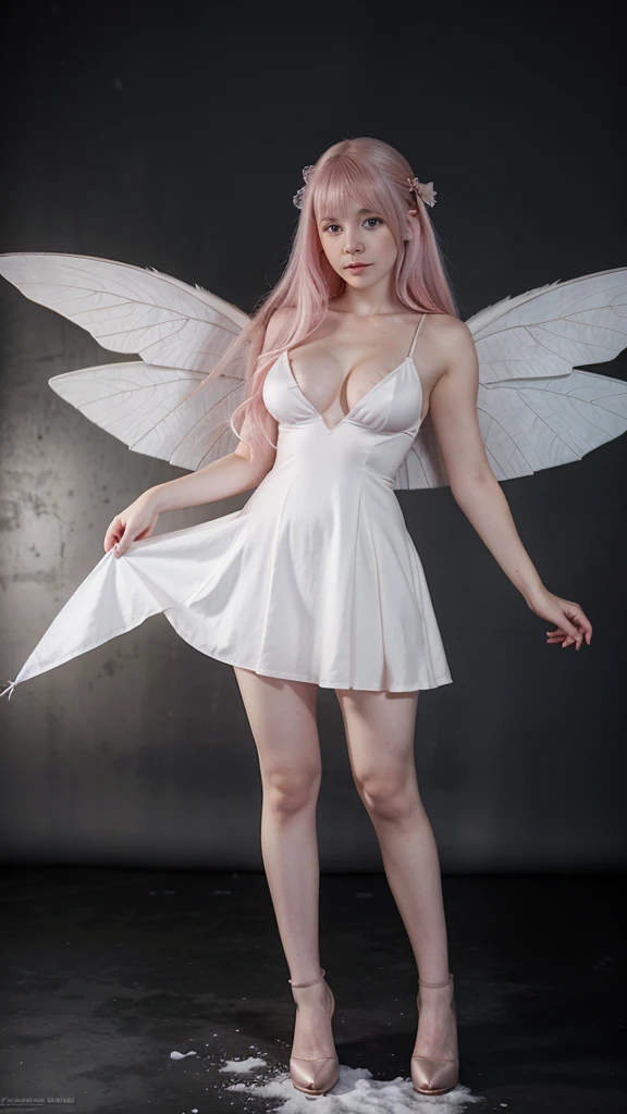 full body photo of a , she is a dwarf, fairy, she has wings, pale skin white as snow, pink hair, pointy ears, wears a little dress, cleavage, big , revealing open chest, wand, she is 3 foot small.