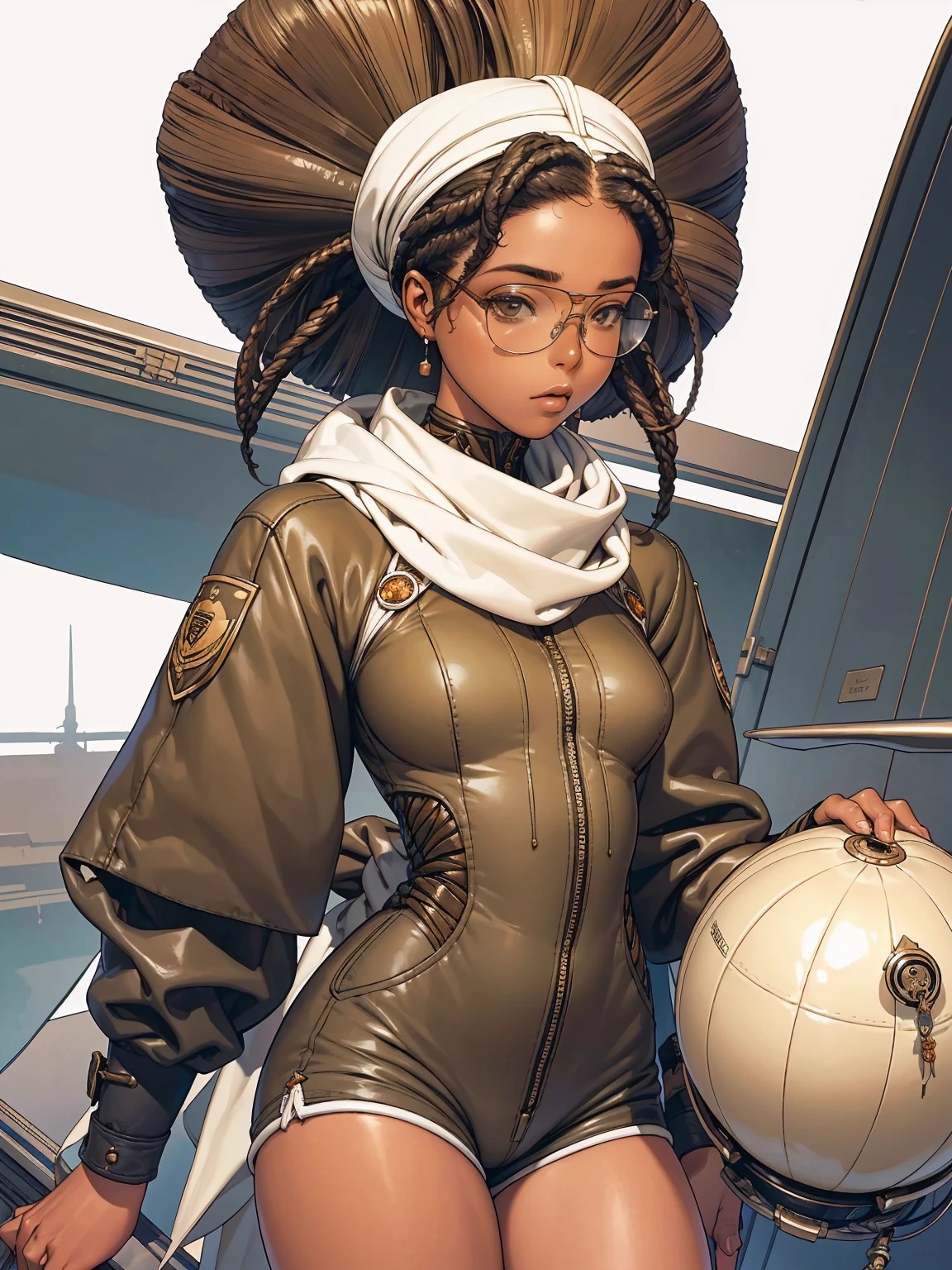 Beautiful African American woman in aviator jacket, (((fully body))), (((shorts curto))), (((afro girl))), (((coxas nuas))), (((DuneWalker))), white scarf and bomber aviator hat with glasses next to a plane, digitalpainting, Digital illustration, extreme detail, digitl art, 4K, ultra HD. Your skin is deep, rich color and her hair is pulled back into a bun