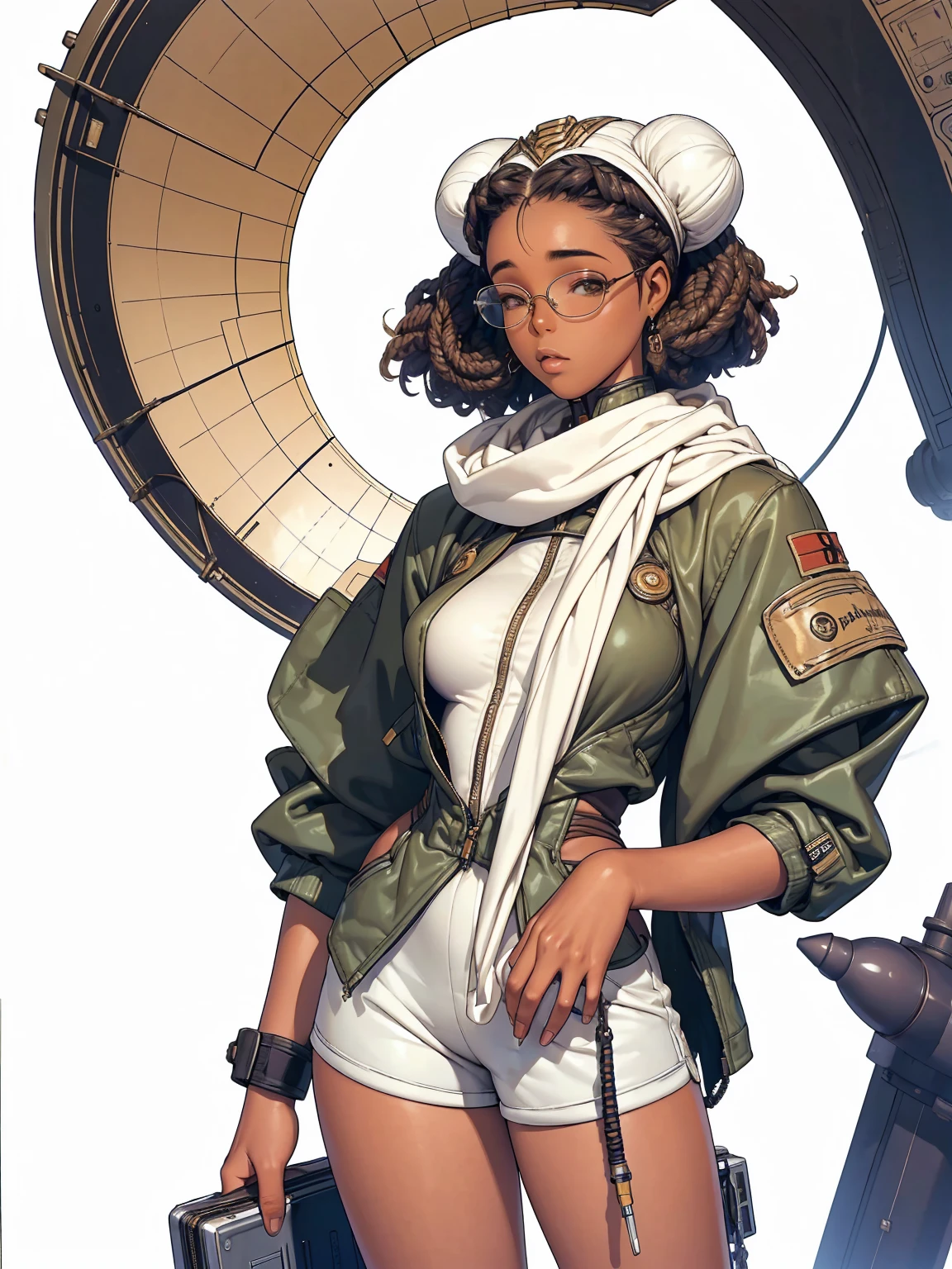 Beautiful African American woman in aviator jacket, (((fully body))), (((shorts curto))), (((afro girl))), (((coxas nuas))), (((DuneWalker))), white scarf and bomber aviator hat with glasses next to a plane, digitalpainting, Digital illustration, extreme detail, digitl art, 4K, ultra HD. Your skin is deep, rich color and her hair is pulled back into a bun