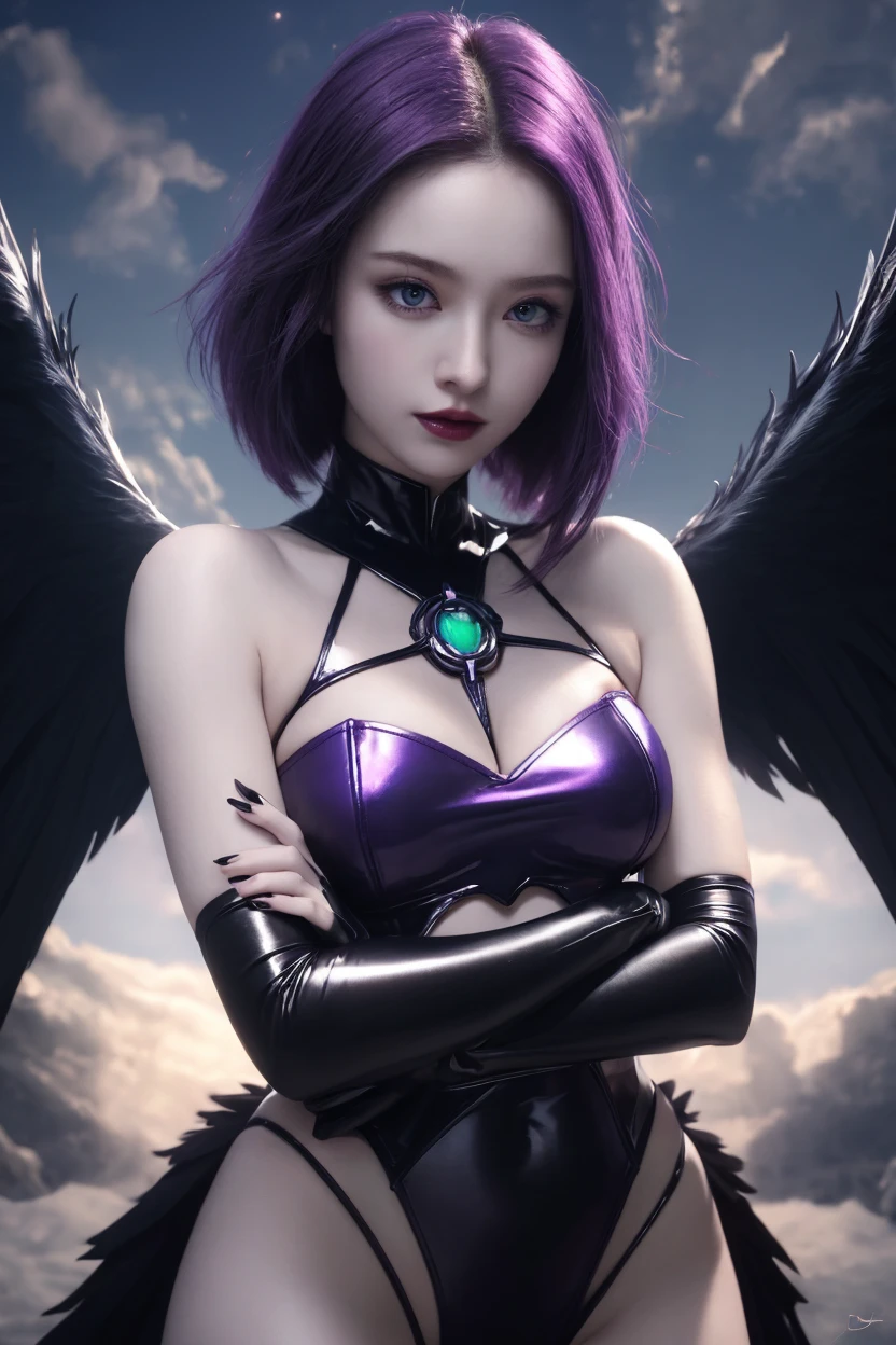 A fallen angel-esque character from a story, with all-purple hair, set against a black and white backdrop, adorned with cross-shaped earrings.Surrealism, Romanticism, UHD, retina, masterpiece, accurate, textured skin, high details, high quality, best quality, highres, anatomically   "Yellow eyes, white wings, and a gaze of sin.Falling amidst the stardust of the night sky  "Revealing attire."