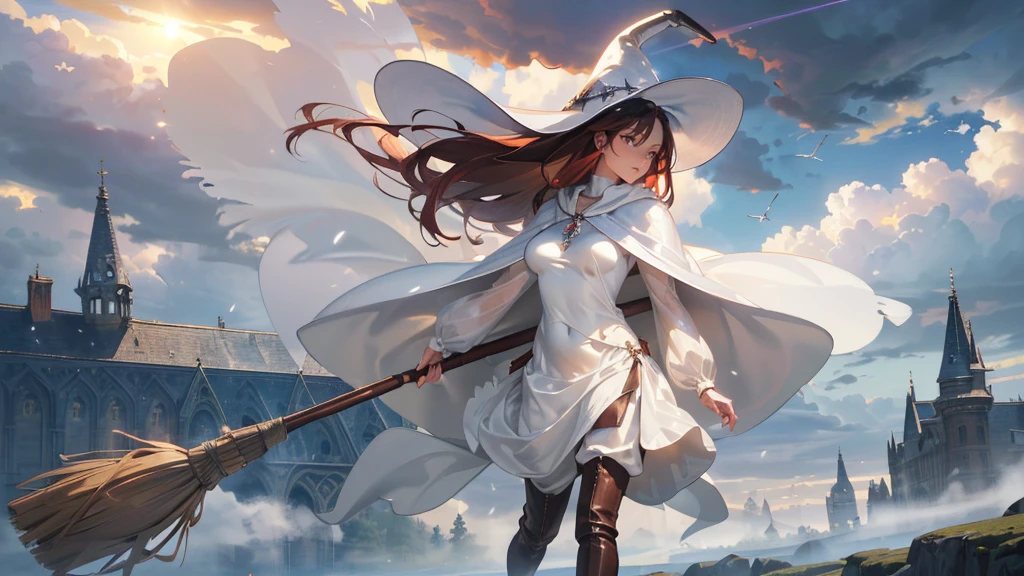 masterpiece, super detailed, 8K portrait, RAW photo, portrait photography, highly detailed face, beautiful and detailed eyes, ((fantasy)), young and beautiful, dynamic pose, (((long dark red straight hair))), ((witch)), white skin color, luxury, crystal necklace, (((Cloudy white silk long cloak))) fluttering in the wind, (((long one-piece tunic))), (((cropped pants)), (((leather boots))), ((fly in the sky on a magic broom)), midday sun, surreal, body model, big breasts, beautiful breasts, long legs, In the sky, environmental lighting, shadow details , Focus the camera on the thigh, strong wind, light fog
