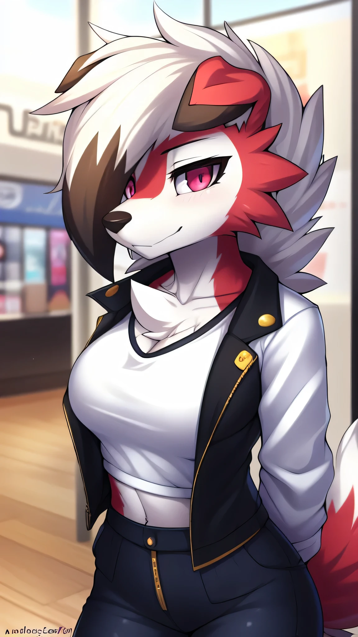 By zinfyu,by twistedscarlet60, uploaded on pixiv, by fluff-kevlar, (masterpiece), (best quality), (solo female:1.2), (extremely detailed:1.3),(detailed eye,black circle on eye,pink eye), lycanroc midnight, view on viewer, close view, shy face, half body on potrait, only body and head, close view, closeup photo of lycanroc, wearing a shirt for women crop v neck top white t-shirt korean fashion women t with a tight open gray color jacket, at mall