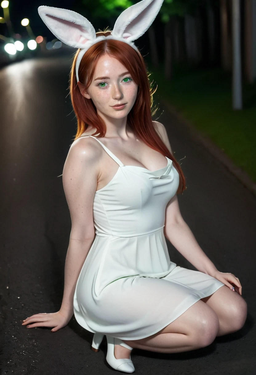 high quality instagram photo, full body of a Scandinavian girl, 20 years old, red hair, sexy, green eyes, freckles, cute face, (large breasts), big ass in a very hot tight white dress, detailed bunny ears, night street, crawling