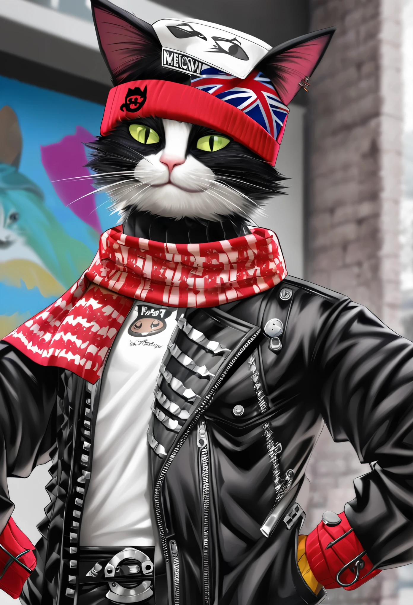 a painting of a cat wearing a hat and scarf, trending in the art station, dressed in punk clothes, detailed hyper realistic rendering, british gang member, street style, intimidating pose, planet of the cats, clothes with fashion, urban samurai, meow, west slavic features, 8 1 5