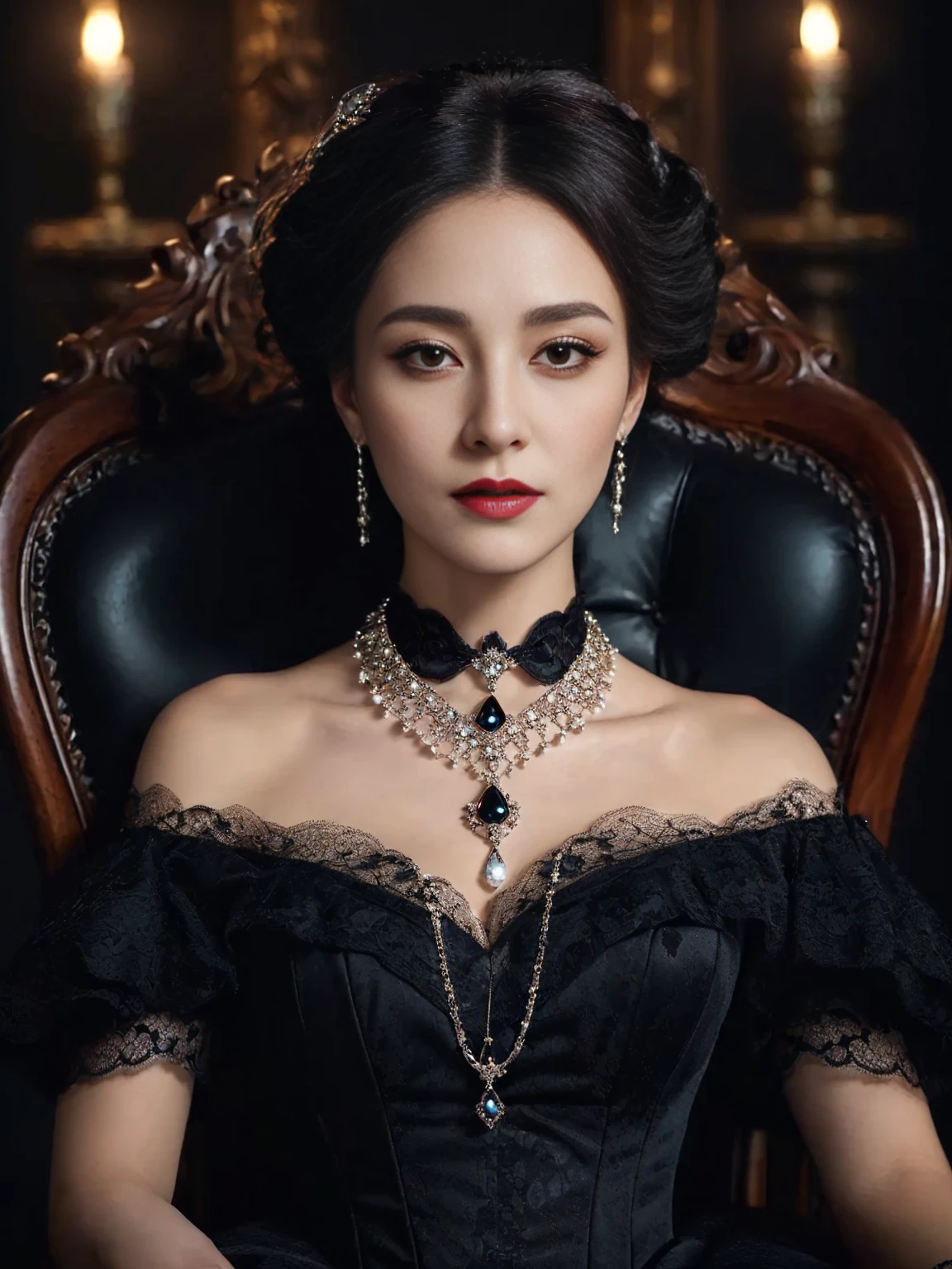 A woman sitting on a chair wearing a black dress, necklace and earrings, Gothic Regal, From the Victorian nobility, elegant victorian vampire, Luxurious neckless, Elegant Gothic princess, beautiful fantasy empress, Beautiful vampire female queen, Wearing an intricate black choker, Wearing elegant jewelry, Inspired by Jeongseon, exquisite nobility, Wonderful woman, black gemstone, by Jay Yang