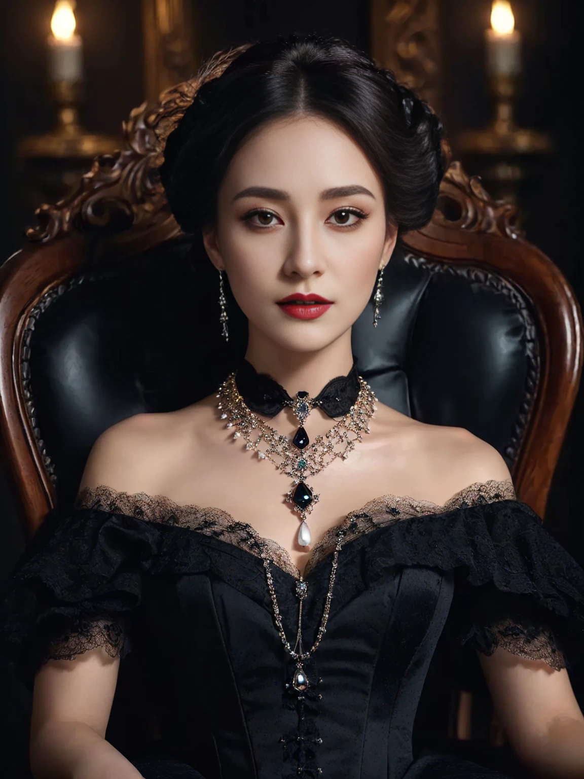 masterpiece、 sexy gothic dress、1 female、28 years old、delicate details, detailed background, (UHD, 8k wallpaper, High resolution), cinematic lighting, award-winning, highly detailed skin, highly detailed face, high detail eyes, realistic, 