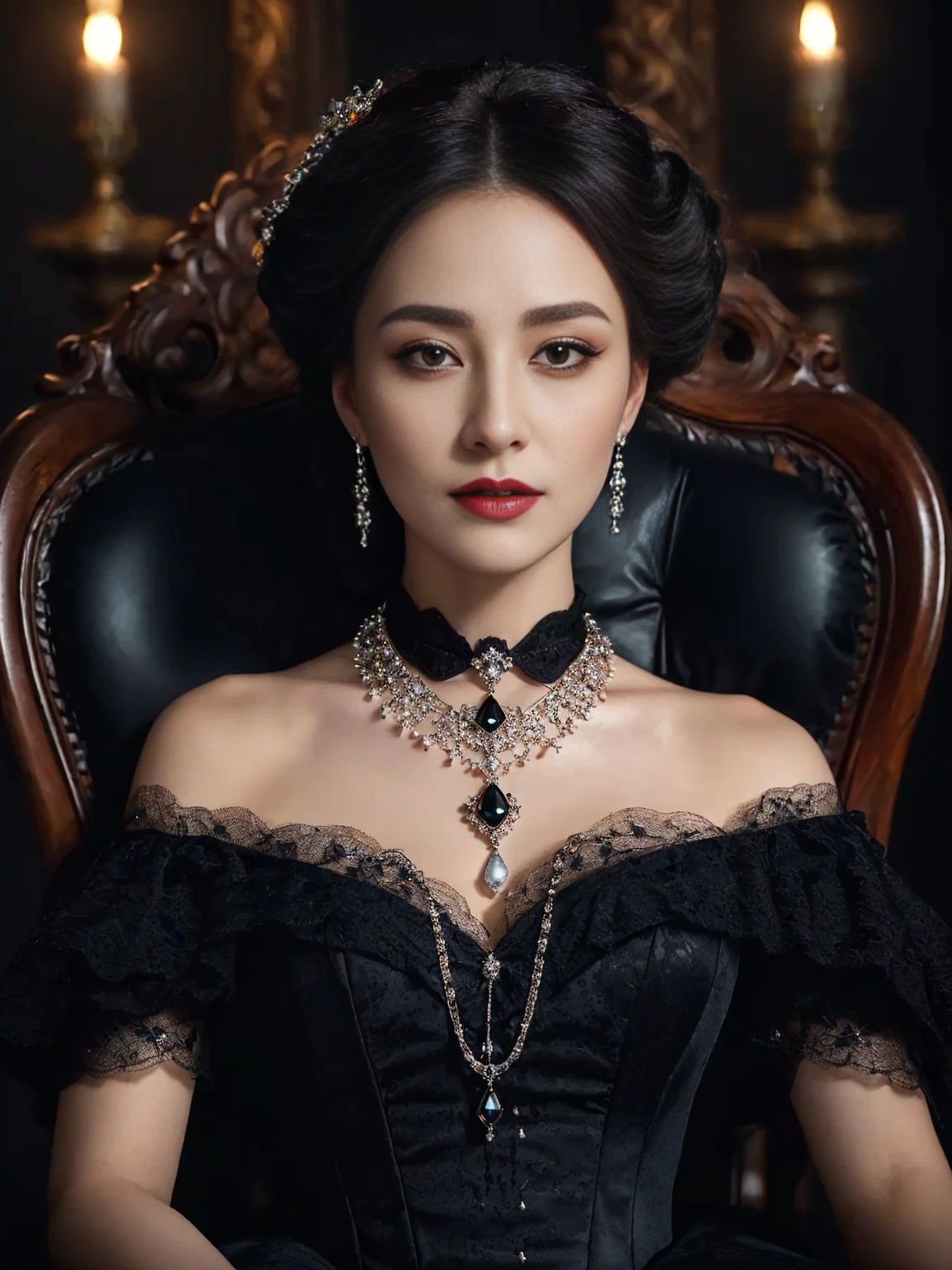 A woman sitting on a chair wearing a black dress, necklace and earrings, Gothic Regal, From the Victorian nobility, elegant victorian vampire, Luxurious neckless, Elegant Gothic princess, beautiful fantasy empress, Beautiful vampire female queen, Wearing an intricate black choker, Wearing elegant jewelry, Inspired by Jeongseon, exquisite nobility, Wonderful woman, black gemstone, by Jay Yang