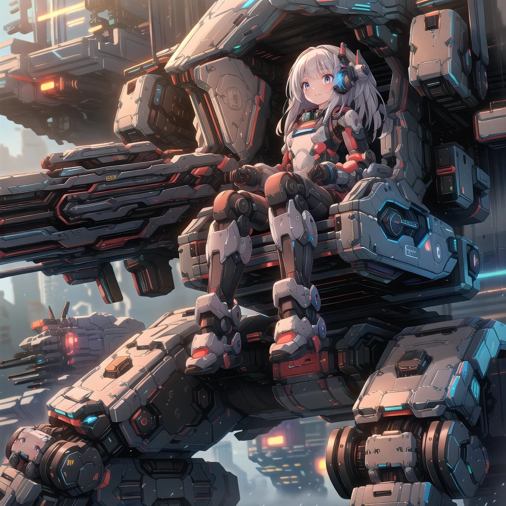 (masterpiece:1.2), best quality, high resolution, extremely detailed CG, absurdres, highres, Sci-fi world where a girl in bodysuit sits inside a machine with giant robot arms and legs on a battlefield, and the girl holds the lever of the machine,Colorful portraits