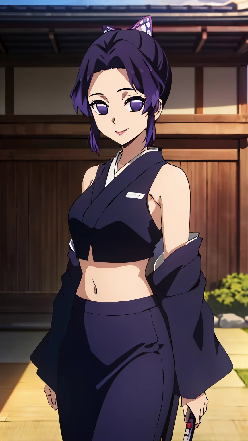 (Top Quality, 8K, High Resolution, Masterpiece: 1.2), Anime, Shinobu Kocho, 1 Girl,solo, Perfect Face, Perfect Eyes, Soft Expression, Medium Breasts, Purple Hair, Short Hair,large butterfly hair clip, Pretty Parted bangs, purple eyes, narrow eyes, ((Bare shoulders, open kimono, crop top, kimono pencil skirt, exposed midriff, exposed navel, exposed midriff, exposed lower midriff, outdoors, Japanese architecture, temple, smile, cowboy shot)), viewer appreciation,