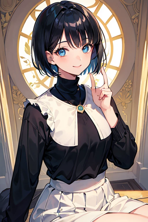 ((Highest quality)), ((masterpiece)), (Familiar), Illustration Style,Perfect Face,1 Girl,Black Hair,Short Hair,Glowing Skin,big, Bright Blue Eyes,Beautiful Bangs,Small breasts,Super Beauty,woman,,Jumper,Beautiful clothes,smile