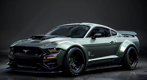 cyber punk(((hot rod mustang)))、(With shiny border)、Wide tires、parking、