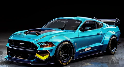 cyber punk(((hot rod mustang)))、(With shiny border)、Wide tires、parking、