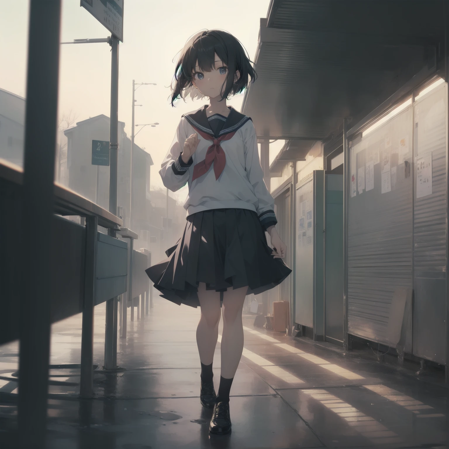 ultra-absurdres-Top quality by artist God, ultra-detailed, high resolution, anime moe artstyle, best anime 8k konachan wallpaper, pixiv contest winner, pool:2810, perfect ???????,break, 1girl, (Please draw a girl walking sleepily to school alone. )break,(Solo,little female, 13-year-old:1.3),Full limbs, complete fingers,a junior high school student, (very short hair), short cut, flat chest, , small butt, small black eyes, beautiful detailed eyes, well-proportioned iris and pupils, expressive eyes, highres detailed hair, soft expression, salor school_uniform, sailor collar, serahuku, bow, pleated skirt,(Detailed Lighting), (Detailed background), in the School commute route. break,super detailed skin, Best cinematic lighting powered by famous artist, 8k,beauty illustration,photoshop_(medium),very aesthetic,break,((artist:toosaka_asagi )), artist:clamp ,artist:carnelian ,artist:kantoku ,
