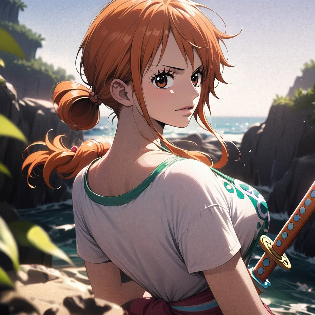 masterpiece, best quality), intricate details, 1 girl, woman, orange hair, nami \ (one piece\), (long hair), shirt, white shirt, female focus, clothes, wearing swimsuit, nature, scenery, upper body, ((front view)) ((close up shot)) ((solo)) ((hair over one eyes)) detailed, very high resolution, no blurry image, full body, orange eyes, sligh wavy hair, ((nami from one piece)) ((female nami from one piece)), holding katana, (((hair tied up)) Along with luffy 