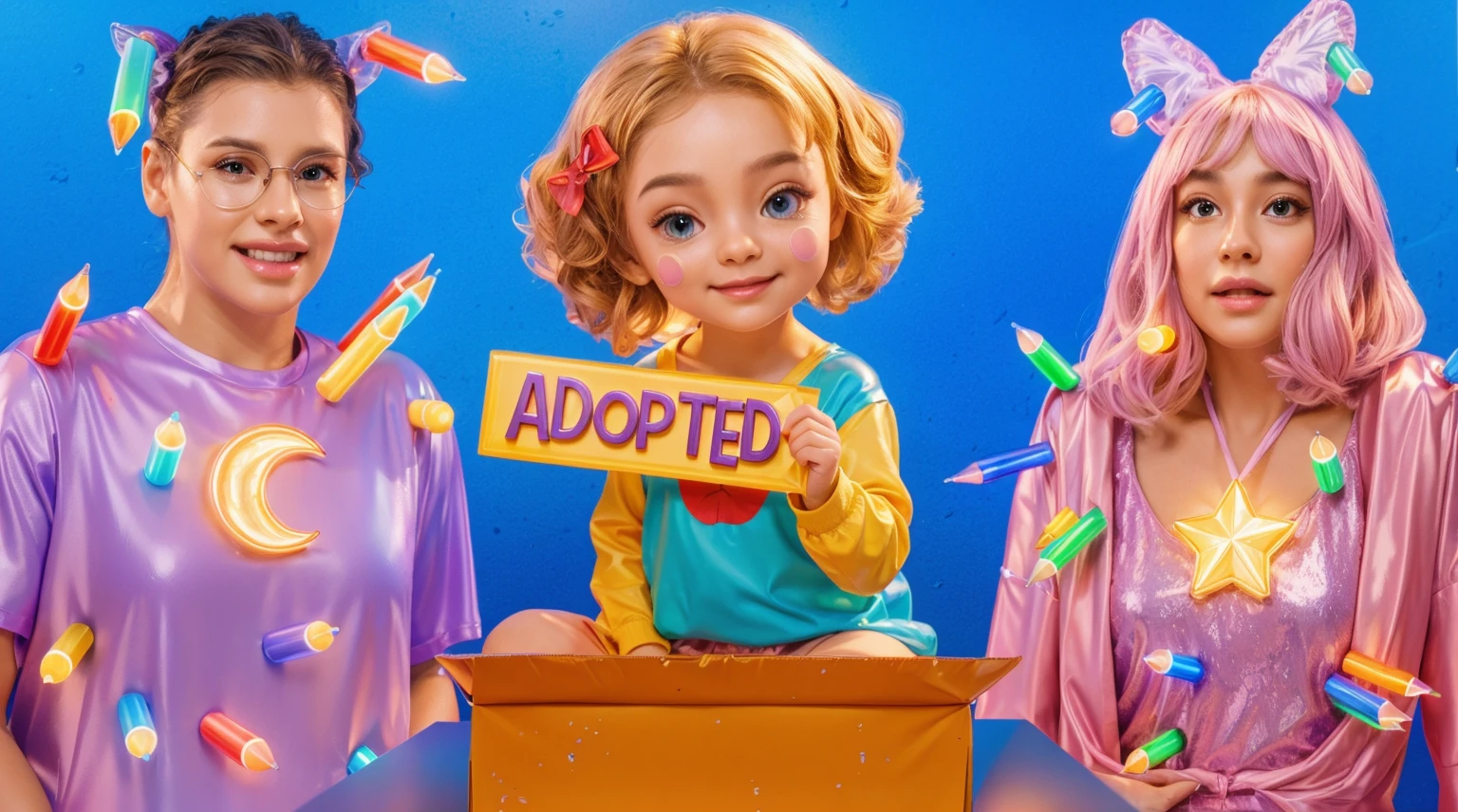 The image features a young girl sitting in a colorful box with a sign that says \"ADOPTED\" in the background., smooth 3d model, glossy plastic texture, multiple light sources, rim light, sharp post effects render, most beautiful vfx, , realistic, 4k, high resolution, rim light, smooth 3d model. , glossy texture, smooth 3d model, multiple light sources, rim light, sharp post effects render, (glossy plastic texture with multiple big light probe refractions), perfect cgi, reflective, best quality, 4k, masterpiece:1.2, ultra-detailed, realistic, vivid colors, The image of the highest quality, ensuring every detail showcased perfectly. It in 4k resolution, allowing viewers to immerse themselves in the richness of the colors and intricate details. The realistic rendering. under the spotlight, reflecting, high-resolution image, realistic rendering