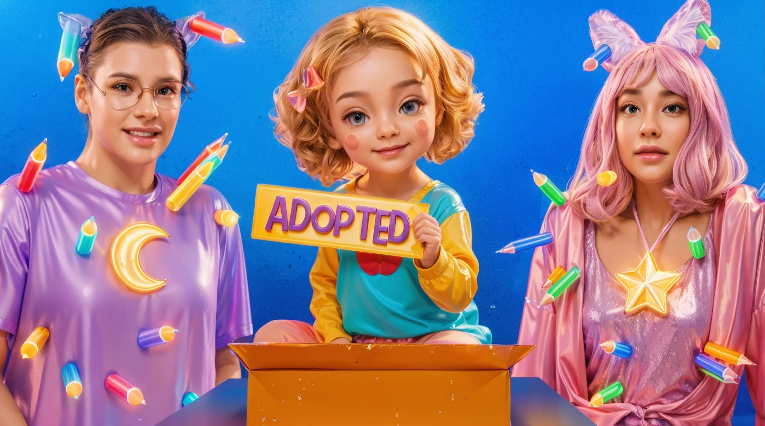 (masterpiece), (best quality), (ultra-detailed), (full body:1.2), The image shows a young girl with blonde hair, big blue eyes, and a pink bow in her hair, sitting on the ground with a sign that says \"ADOPTED\" in her hands, sitting on the floor, Big bright eyes, Smile, Delicate and fine, Fairy tales, Incredibly high detailed, Pixar style, Bright color palette, Natural light, Simple background with pure color, Octane render, Trending on Artstation, Gorgeous, Ultra wide angle, 8k, HD, Realistic, cute baby chibi anime, , smooth 3d model, glossy plastic texture, multiple light sources, rim light, sharp post effects render, most beautiful vfx, , realistic, 4k, high resolution, rim light, smooth 3d model. , glossy texture, smooth 3d model, multiple light sources, rim light, sharp post effects render, (glossy plastic texture with multiple big light probe refractions), perfect cgi, reflective, best quality, 4k, masterpiece:1.2, ultra-detailed, realistic, vivid colors, The image of the highest quality, ensuring every detail showcased perfectly. It in 4k resolution, allowing viewers to immerse themselves in the richness of the colors and intricate details. The realistic rendering. under the spotlight, reflecting, high-resolution image, realistic rendering