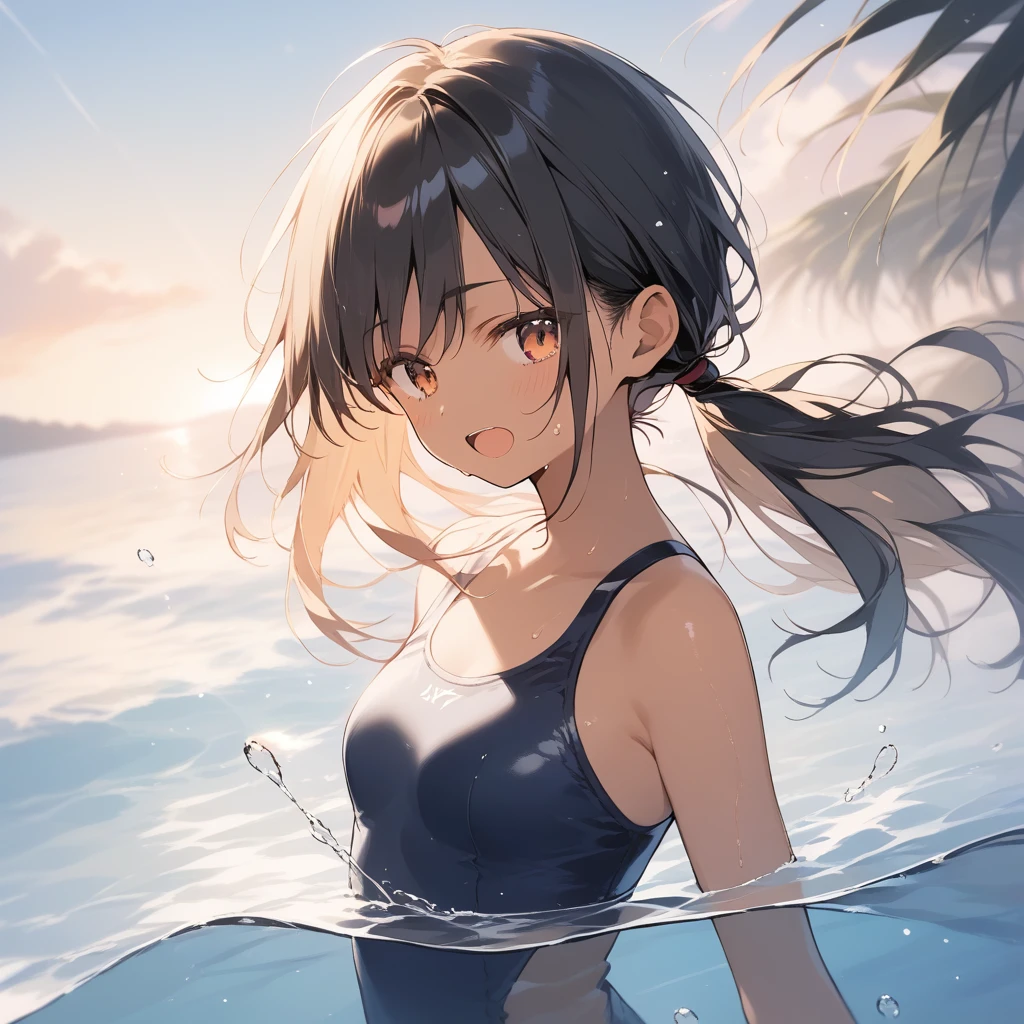 score_9, score_8_up, score_7_up, source_anime, best quality, masterpiece, official art, absurdres, highres, ultra-detailed,waifu2x,Collection: Slice of Life,break,1girl, tomboy, dark-skinned female, short hair, low ponytail, small breasts, beautiful detailed eyes, swimsuit, sweat, open mouth, (yawn:0.3), sleepily, swimming, outdoors, wind, break,(clear line illustration:1.2),very high resolution, very aesthetic, super detailed skin, Best sexual lighting powered by famous artist, 8k,cute picture,beauty illustration,photoshop_(medium),,(Detailed Lighting),best anime 8k konachan wallpaper, pixiv contest winner,