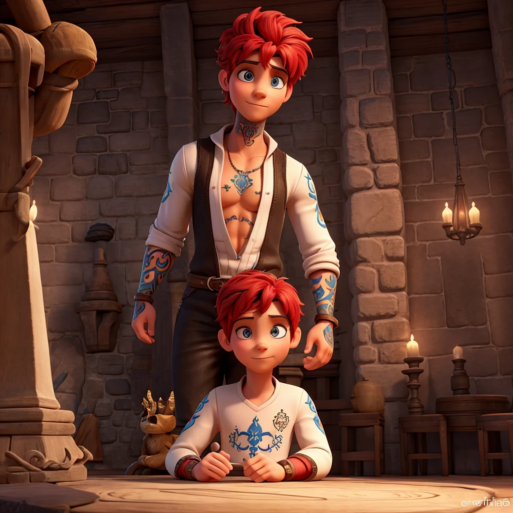 sorcièr tatouer et avec des percings avec une tenue entièrement blanche avec de légers motif or et rouge avec les cheveux très courts brun et au yeux or et brun dans l'univers de disney