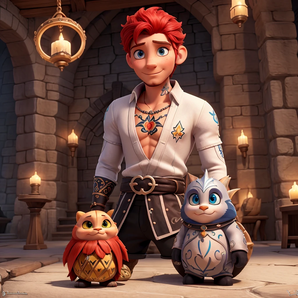 sorcièr tatouer et avec des percings avec une tenue entièrement blanche avec de légers motif or et rouge avec les cheveux très courts brun et au yeux or et brun dans l'univers de disney
