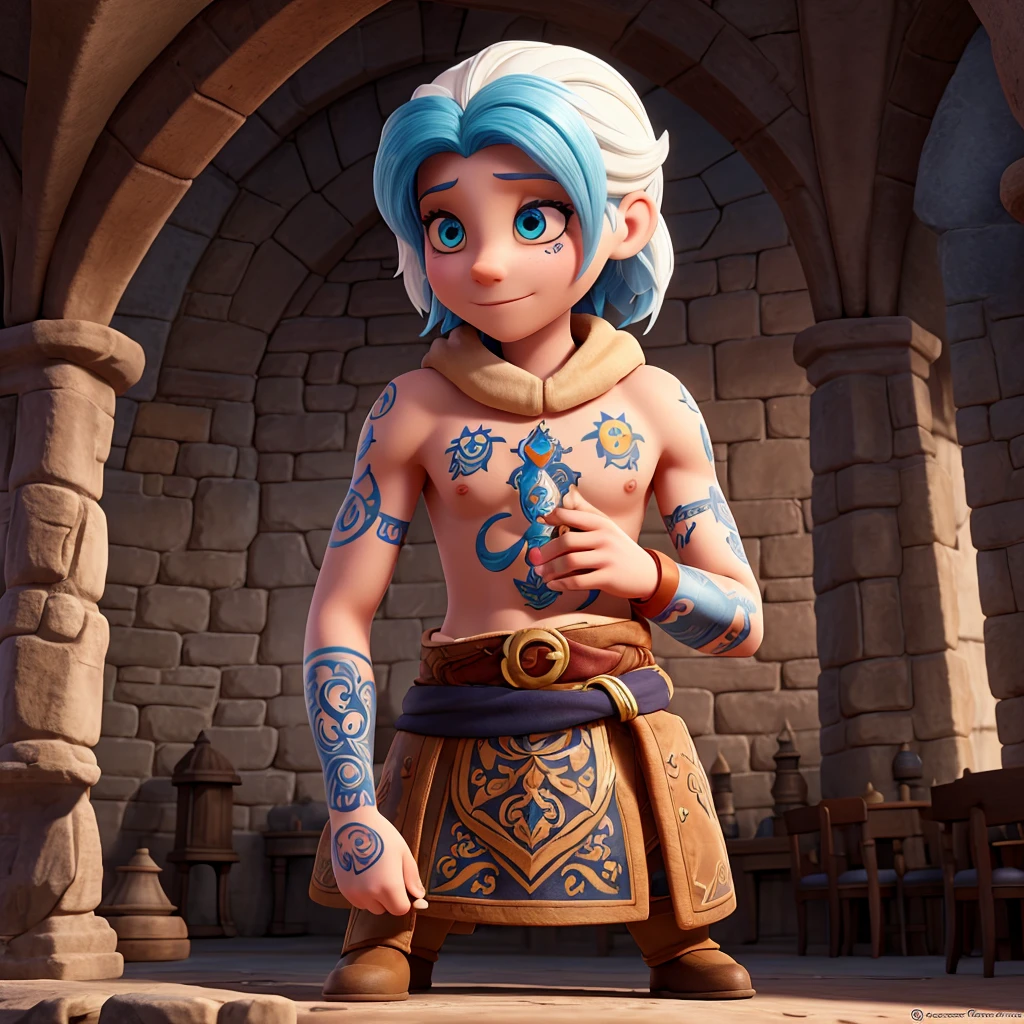 sorcièr tatouer et avec des percings avec une tenue entièrement blanche avec de légers motif or et rouge avec les cheveux très courts brun et au yeux or et brun dans l'univers de disney