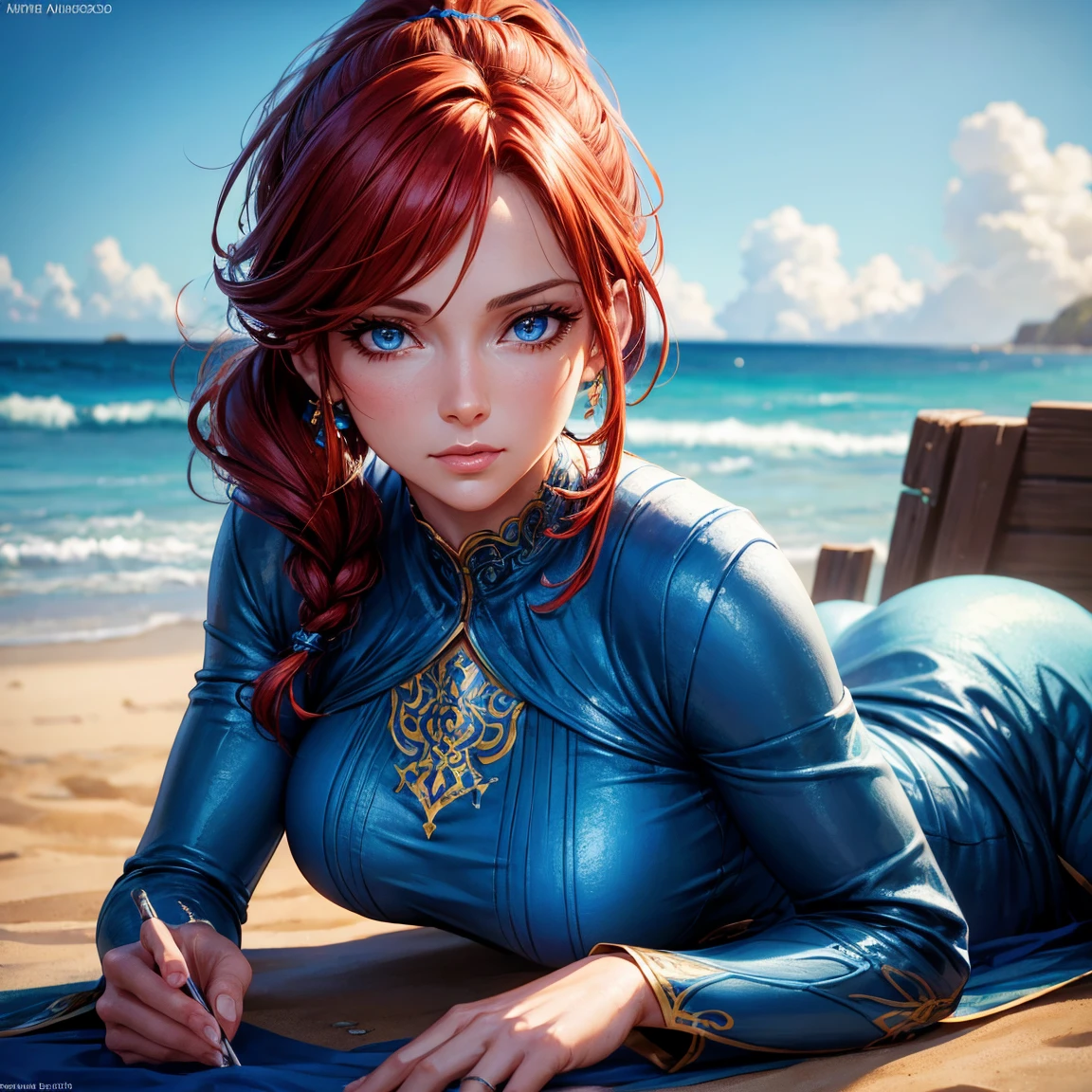 mature woman in his fifties, 1girl, redhead ponytail hair, breasts, blue eyes, happy face, sexy blue tunic, lying on the sand, beach, incredibly sexy body, detailed face, beautiful detailed eyes, beautiful detailed lips, extremely detailed eyes and face, long eyelashes, intricate details, highly detailed, photo realistic, 8k, best quality, masterpiece, cinematic lighting, dramatic lighting, vibrant colors, fantasy, digital art, concept art
