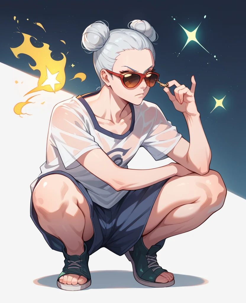 Ethereal being, loose bun, bioluminescent see-through attire, sunglasses, full-body stance, low squatting Sakura Naruto + Leona vampire devil big titis perspective, emitting moody constellation of hues including dark, red, silver  lime, gold, cyan, surroud satrs by tempest of power light, boom of stars and reds, sparks, digital painting, ultra-realistic, dramatic lighting