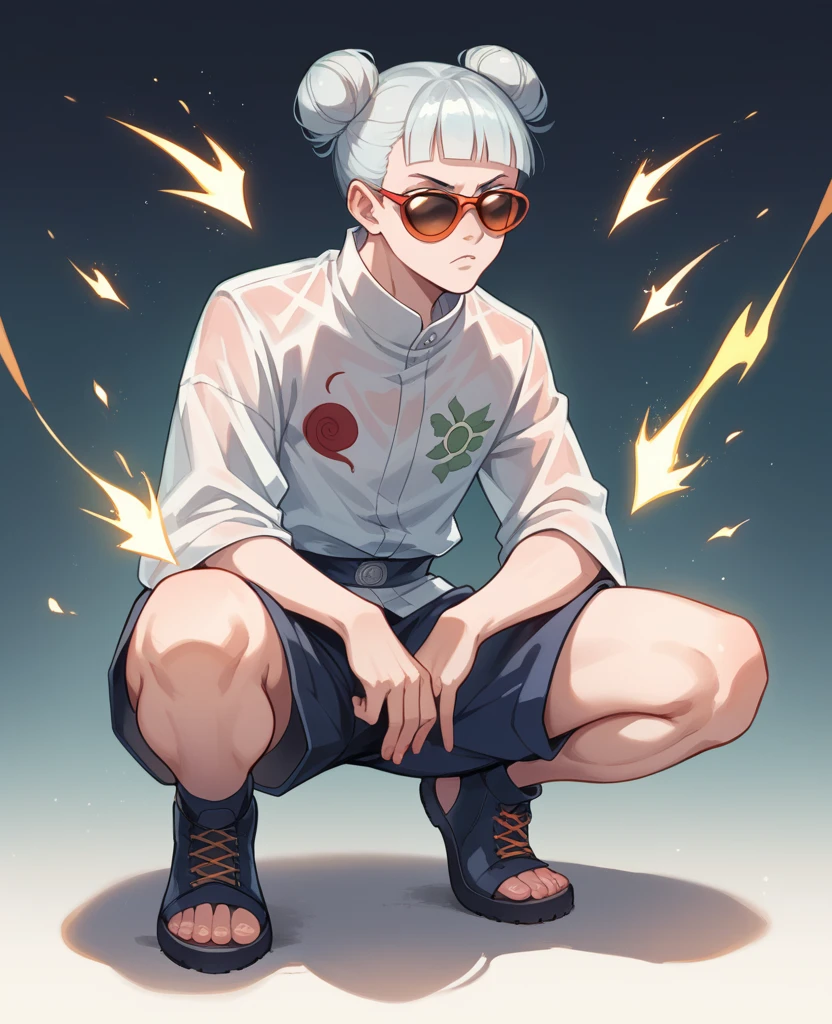 Ethereal being, loose bun, bioluminescent see-through attire, sunglasses, full-body stance, low squatting Sakura Naruto + Leona vampire devil big titis perspective, emitting moody constellation of hues including dark, red, silver  lime, gold, cyan, surroud satrs by tempest of power light, boom of stars and reds, sparks, digital painting, ultra-realistic, dramatic lighting