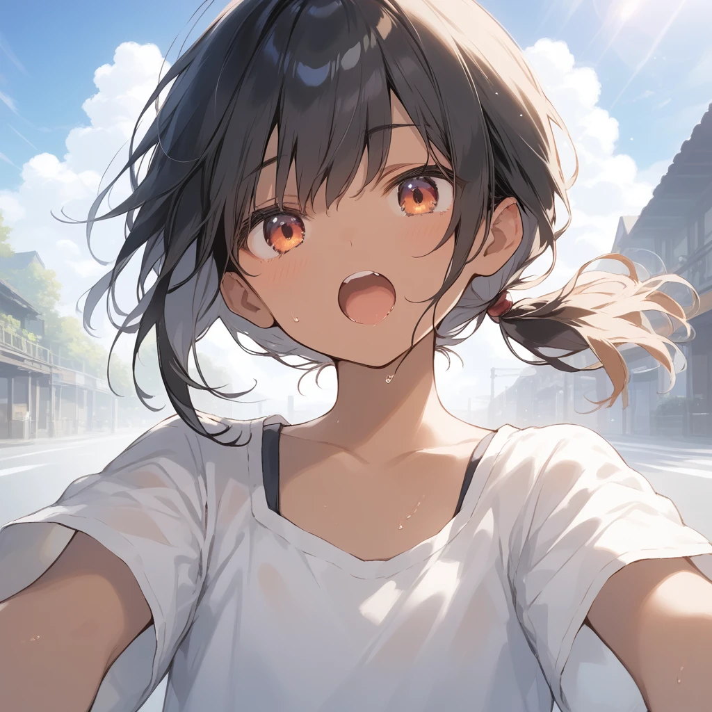 score_9, score_8_up, score_7_up, source_anime, best quality, masterpiece, official art, absurdres, highres, ultra-detailed,waifu2x,Collection: Slice of Life,break,1girl, tomboy, dark-skinned female, short hair, low ponytail, flat chest, beautiful detailed eyes, short shorts, sweat, open mouth, (yawn:0.3), sleepily, outdoors, wind, break,(clear line illustration:1.2),very high resolution, very aesthetic, super detailed skin, Best sexual lighting powered by famous artist, 8k,cute picture,beauty illustration,photoshop_(medium),,(Detailed Lighting),best anime 8k konachan wallpaper, pixiv contest winner,