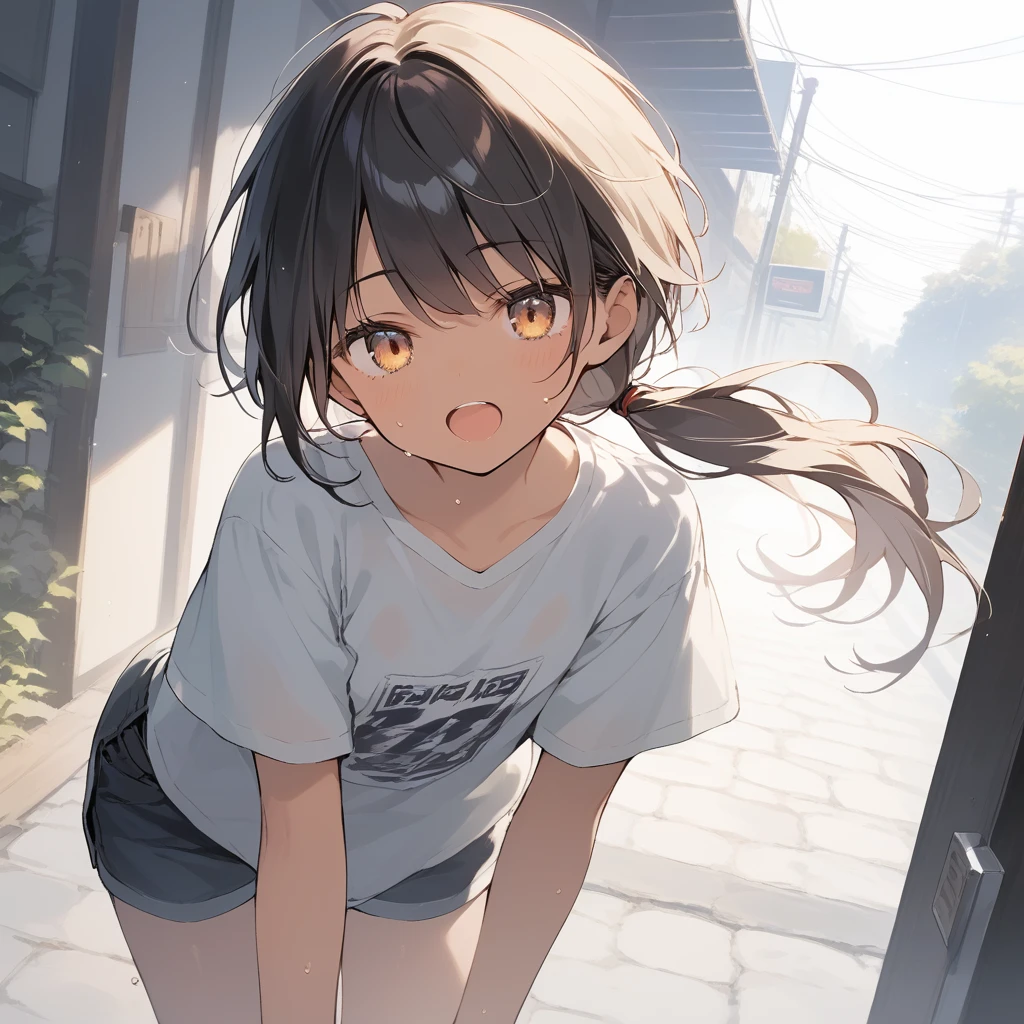 score_9, score_8_up, score_7_up, source_anime, best quality, masterpiece, official art, absurdres, highres, ultra-detailed,waifu2x,Collection: Slice of Life,break,1girl, tomboy, dark-skinned female, short hair, low ponytail, flat chest, beautiful detailed eyes, short shorts, sweat, open mouth, (yawn:0.3), sleepily, outdoors, wind, break,(clear line illustration:1.2),very high resolution, very aesthetic, super detailed skin, Best sexual lighting powered by famous artist, 8k,cute picture,beauty illustration,photoshop_(medium),,(Detailed Lighting),best anime 8k konachan wallpaper, pixiv contest winner, 