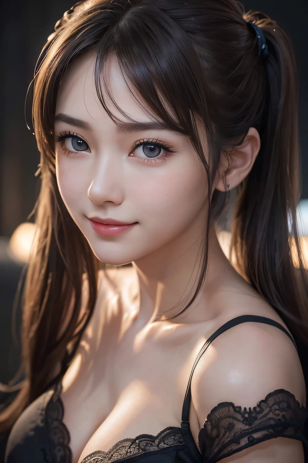 ((Highest quality)),(超High resolution),(Very detailed),(Detailed Description),((The best CG)),(masterpiece),Very detailedなアート、(Highest quality、8K、32k、masterpiece)、(Realistic)、(Realistic:1.2)、(High resolution)、Very detailed, (Close-up face:1.6), Very beautiful face and eyes, Big eyes, 1 female、Pale skin:1.4, Shine, Transparent muscle:1.2、((Ultra-Realistic Details))、Portraiture、All the characters are super realistic.:1.6、Global Illumination、Octane Rendering:1.2,　 The best beautiful girl,Very detailed, High resolution RAW color photos, Professional photography, Realistic portrait, Cinematic Light, With a small face、Pale Cheeks:1.1、(With a cute smile:1.4)、((Beautiful Eyes、Light enters the eyes:1.4、Staring at a lover、adorable eyes:1.2 )) 、((Shiny Hair　Brown twin tails, 、Delicate texture、Voluminous Hair:1.1、Thick Hair:1.2 )),　Natural Makeup、Beautiful big ,(Big ample breasts:1.2)、Captivating beauty、Captivate what you see、Tight waist、Delicate body、(Highest quality、Attention to detail、)、(Oil paint:1.2)、Very detailed、(Realistic、Realistic:1.37)、Bright colors、(Front Focus), (Front Focus), (In the Dark:1.6),　