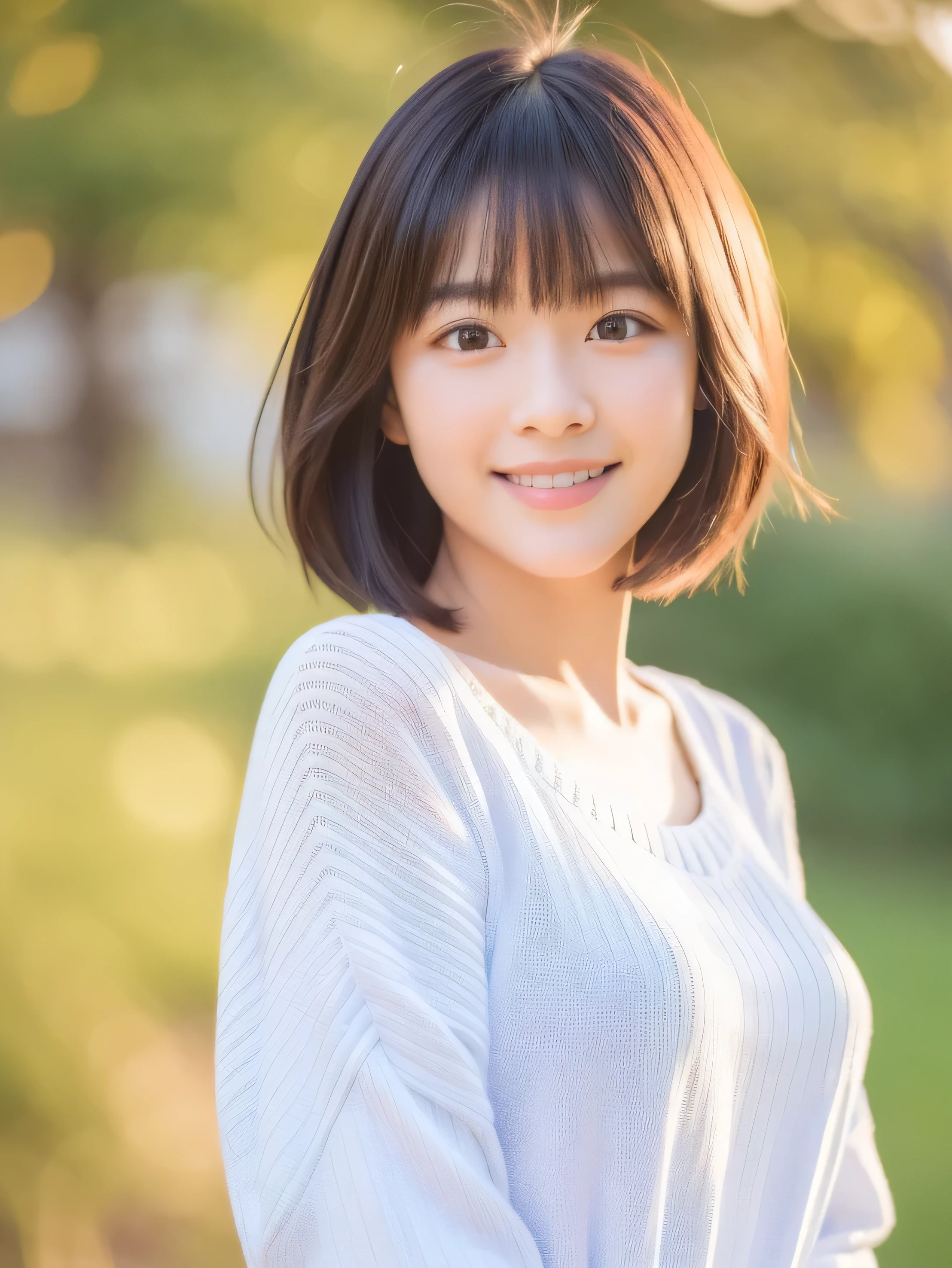 (masterpiece, Highest quality, RAW Photos, Realistic:1.2), smile, beautiful girl, cute, Delicate girl, short hair, Depth of written border, High resolution, Very detailed, detailed, Very detailed目と顔, Realistic students, Sharp focus, Cinema Lighting, Upper Body, bangs, Knitted sweater,