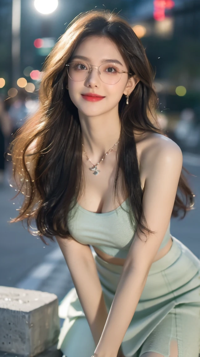(Canon RF85mm f/1.2), (8K, original photo, best quality), (masterpiece), (Practical, photograph Practical), (Extremely detailed, High Detail, Best image quality, Very detailed, high resolution, Very detailed, Extremely detailed的描述, very good, Extremely exquisite and beautiful work), Beautiful and delicate girl, full body, ((Perfect body)), (Do not show cleavage),Tube Top,((Cardigan,Wedding dress)),((Green Skirt)) ,((Green pantyhose)), ((bud)),Very detailed eyes and face, White skin, Noble and beautiful, ((Delicate skin texture, Pores)), Perfect anatomical structure, Beautiful body, Delicate face, Slim abdominal muscles, Slim waist), Big Ass, (Large Breasts, Breast enlargement), (Soulful gaze, soulful eyes, Glowing eyes), (Beautiful clear eyes), (Bounce Curly Messy Long Hair), (Smile:1.2), (Fascinated expression), (Beautiful appearance), ((wear glasses)), earrings, necklace, ((night)), ((Street View, moonlight)), Physically Based Rendering, Realistic lighting, ((Looking at the audience)), ((Everlasting)), ((Happy and shy))