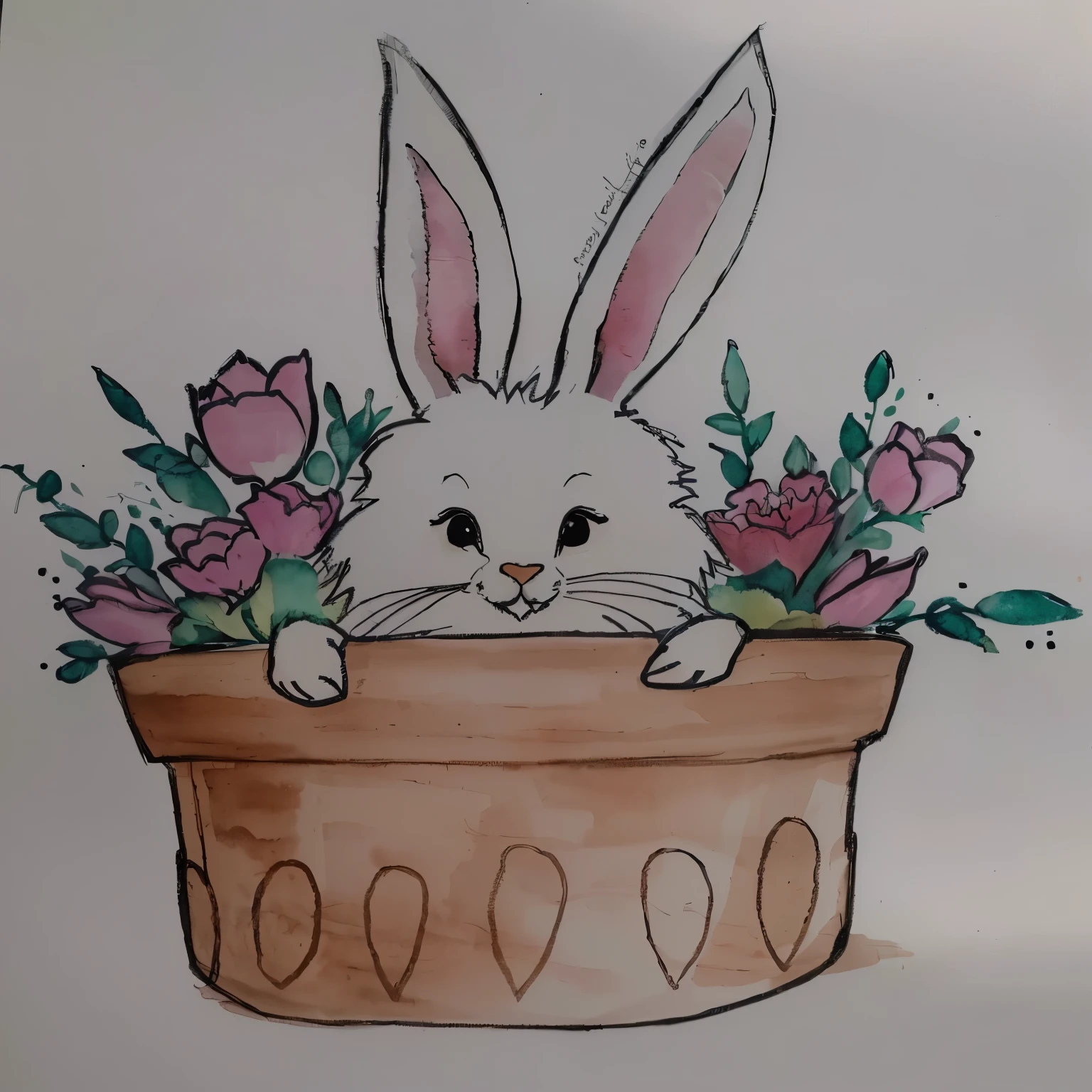 there is a drawing of a coelhinho in a flower pot, coelhinho, Tinta e aquarela wash, Tinta e aquarela, aquarela e caneta, detalhe adicionado, Aquarela, por Károly Lotz, a coelho full of hope, coelhinho ears, coelhinho head, anthropomorphic coelho, coelho face only, coelho, half coelhinho, with coelhinho ears