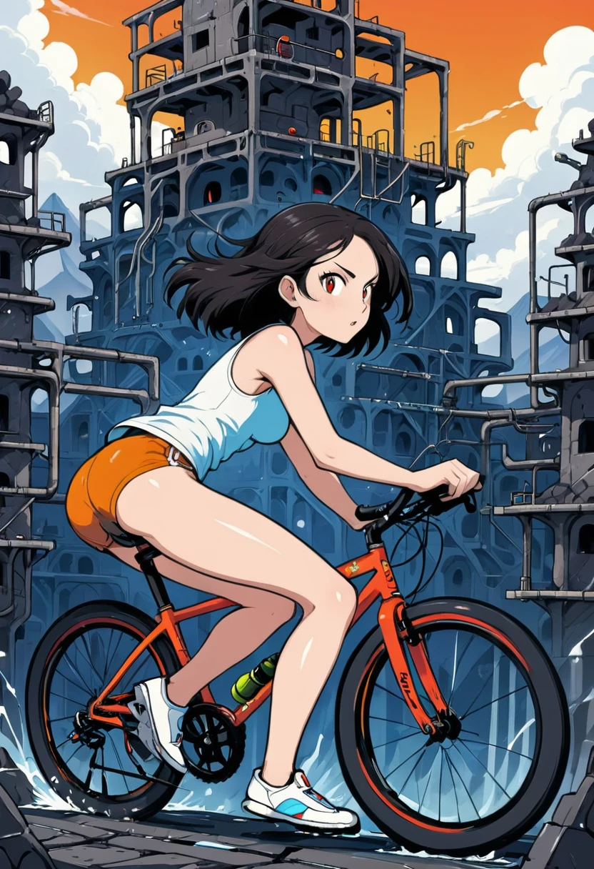 a girl rides a bicycle, in running shorts, short shorts, complex plumbing structure, volcanic city