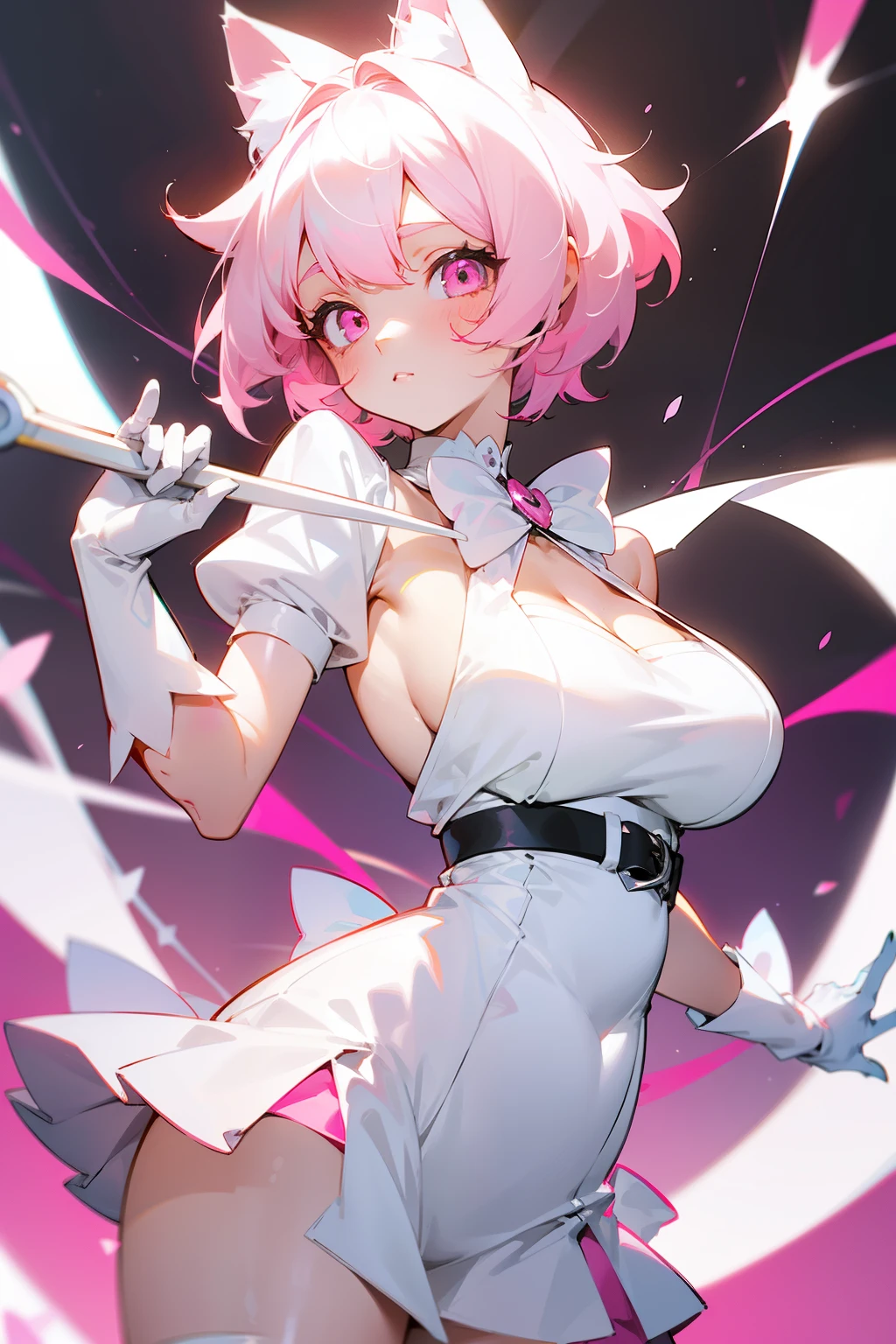 Cute girl, short white hair, pink eyes, white cat ears, white cat tail, cat collar, rosy cheeks, pink hair bow, big breasts, short skirt, white hair, white gloves, white hair