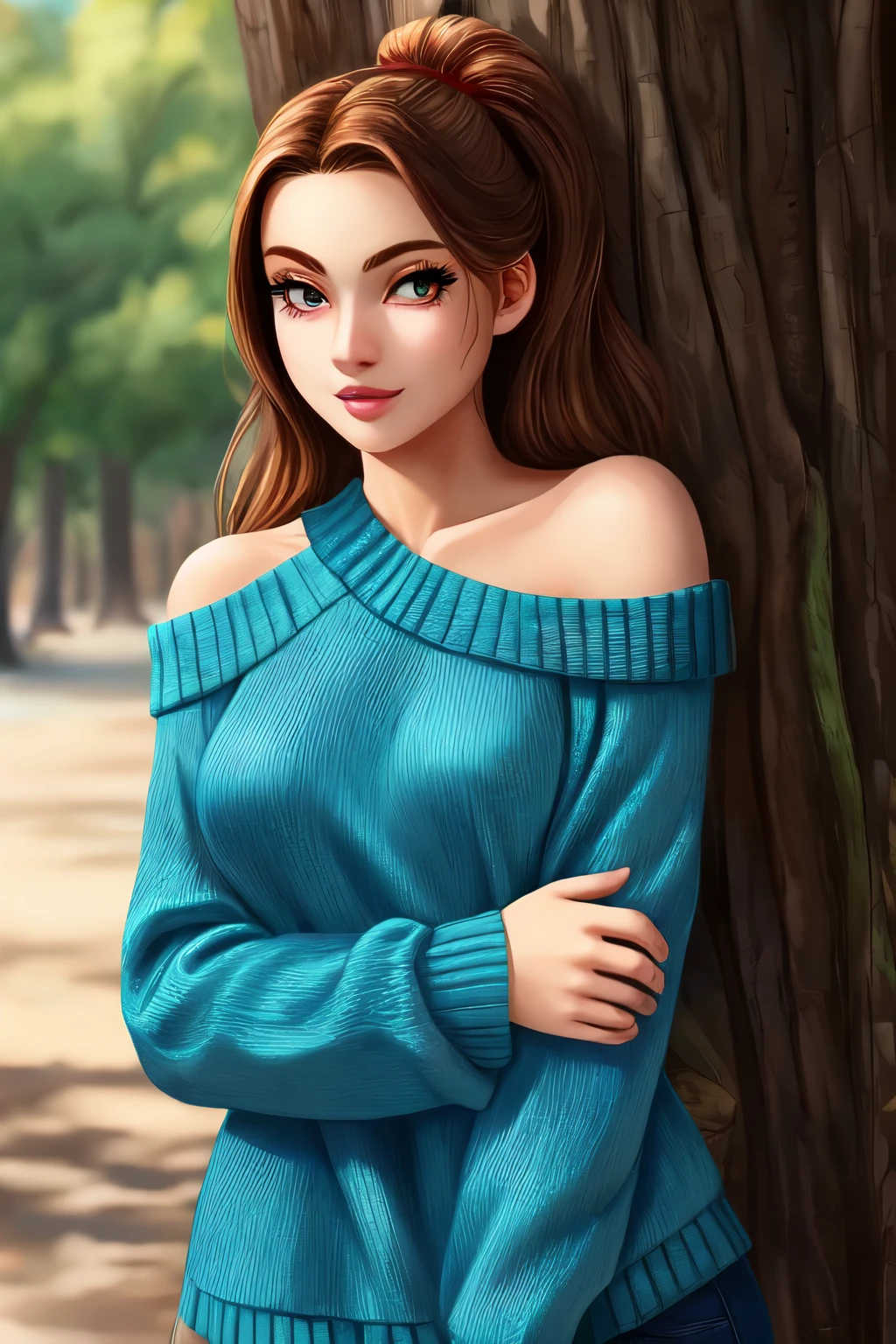 ((best quality)), ((Masterpiece)), (details), 1 girl, open shoulder sweater,