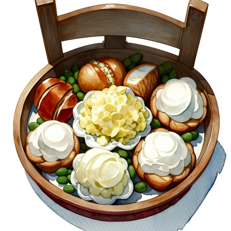 ((masterpiece)), ((best quality:1.2)), ((watercolor)), ((soft color))), ((minimalist)), ((negative space)), ((solid white background)), a wooden tray full of food ingredients, bread, sour, wheat, flour, rice, potatoes, nuts, a bottle of milk, Grains, beans, peas, lentils, margarine, mayonnaise, many types of bread, ((no Clipping)), no shadow clipping, no object clipping, (((solid white background))), very subtle shadow