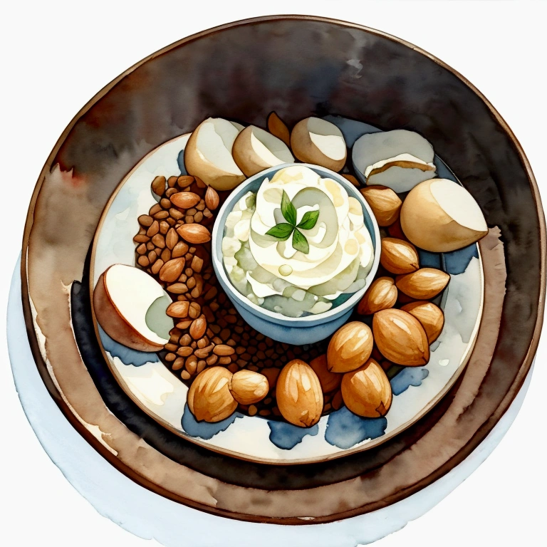 ((masterpiece)), ((best quality:1.2)), ((watercolor)), ((soft color))), ((minimalist)), ((negative space)), ((solid white background)), a wooden tray full of food ingredients, bread, sour, wheat, flour, rice, potatoes, nuts, a bottle of milk, Grains, beans, peas, lentils, margarine, mayonnaise, many types of bread, ((no Clipping)), no shadow clipping, no object clipping, (((solid white background))), very subtle shadow