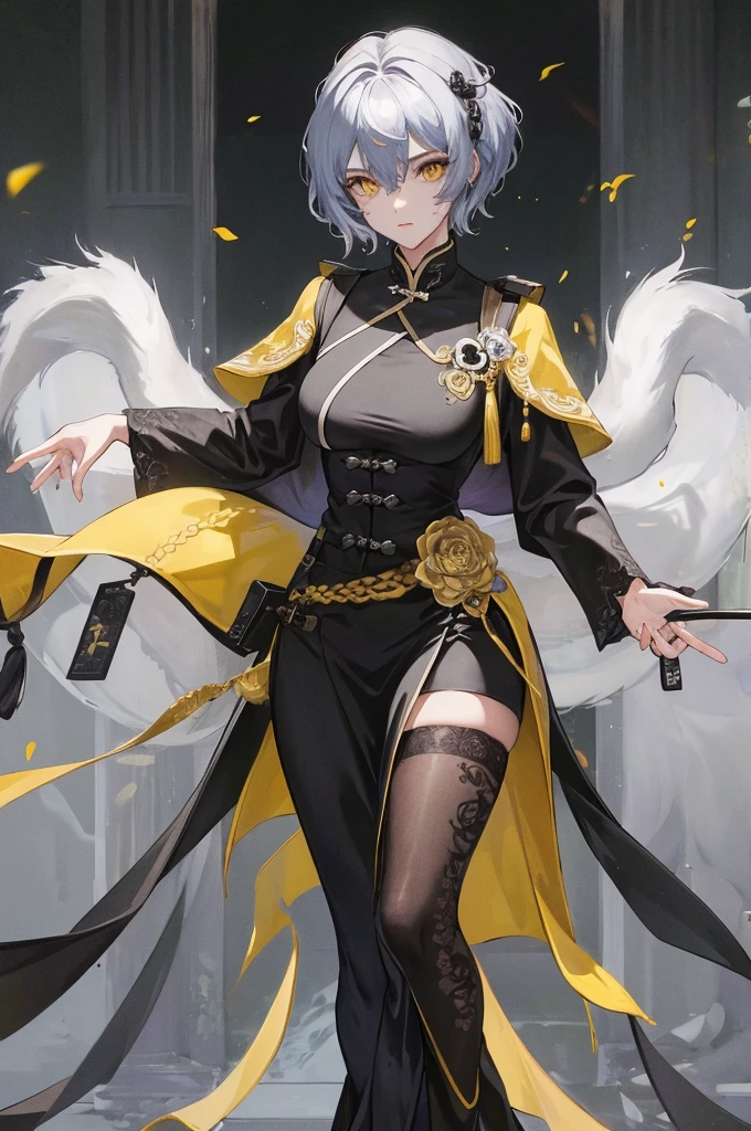 Masterpiece, Best quality, 1 Female, Mature Woman, Elder Sister, Royal Sister, Cold Face, strong, yellow eyes, wolfcut short hair, smoky color hair, resolute eyes, simple black Taoist Taoist uniform, black accessories, sarashi, one shoulderancient, Chinese mix morden, wear hair brooches, frontal photo, full body, blank background, remove background